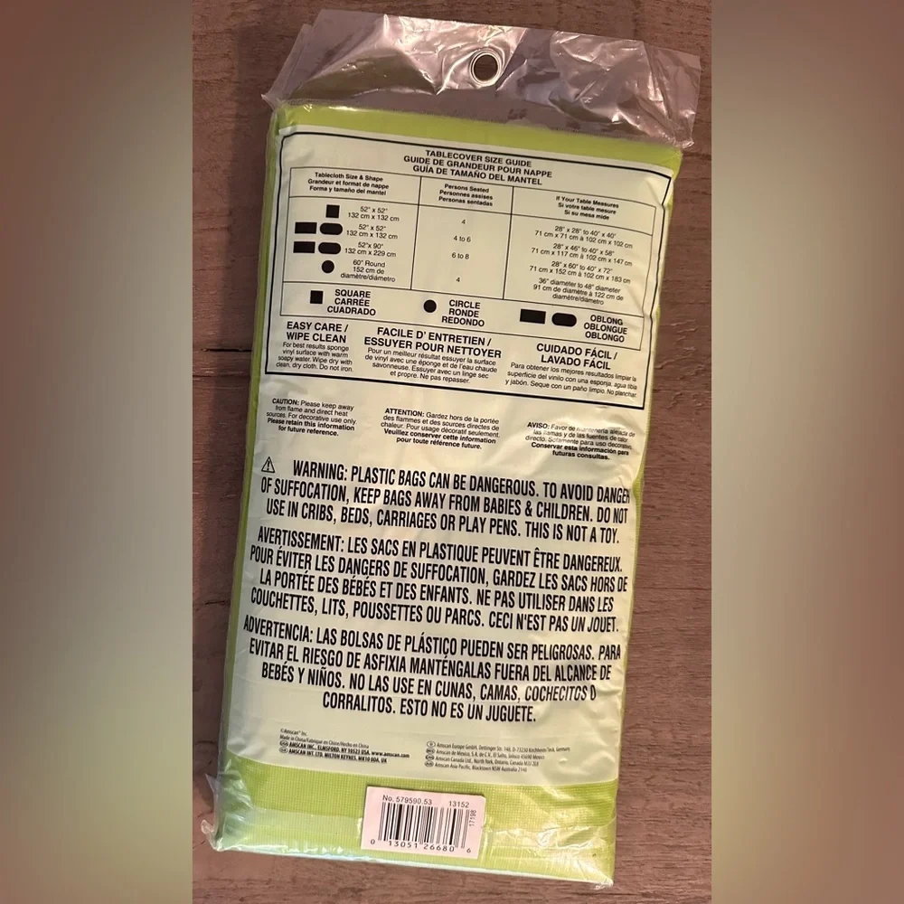 NWT Amscan Tablecloth - Flannel-backed Vinyl - Durable & Reusable - Lime Green